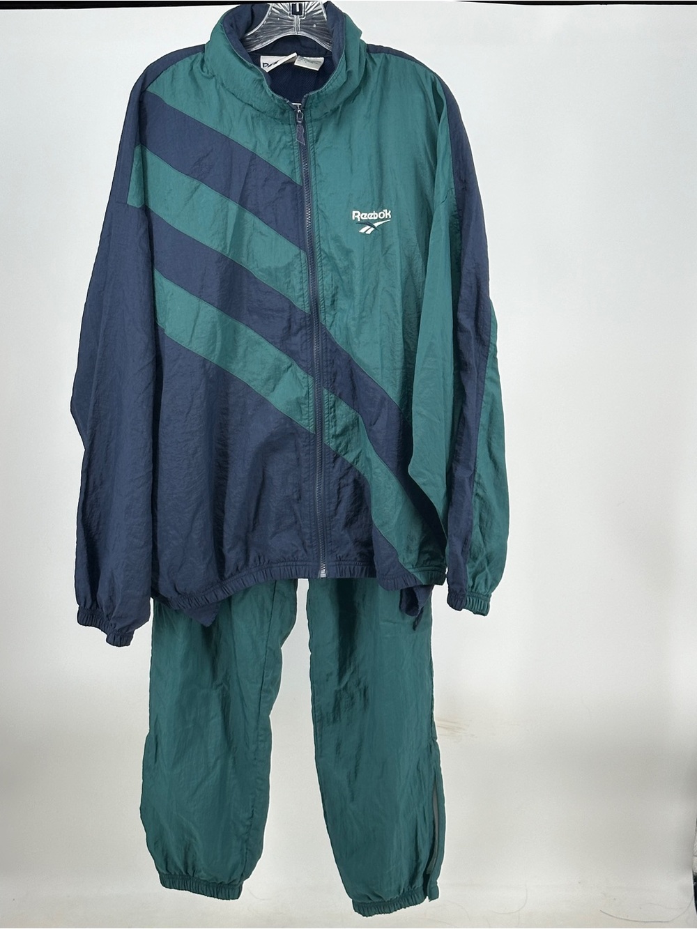 Vintage Reebok Men's Large Green Navy Windbreaker Track Suit Jacket Colorblock